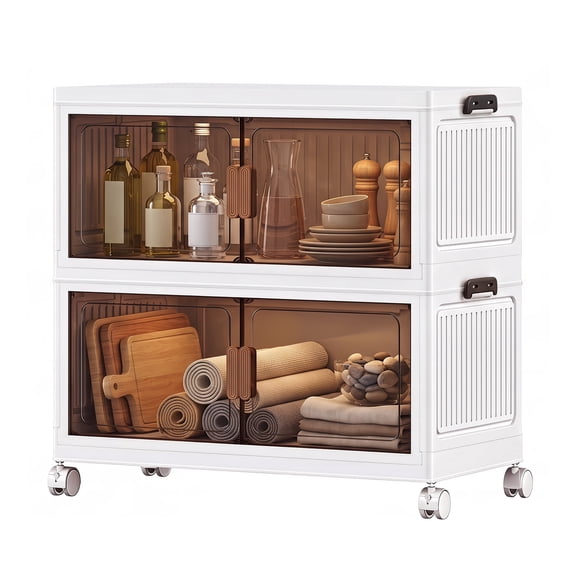 YHIPL Plastic Storage Cabinets 2-Tier Stackable, 86 QT Foldable Storage Unit with Wheels, Magnetic Doors & Transparent Drawers, for Bedroom, Living Room & Study