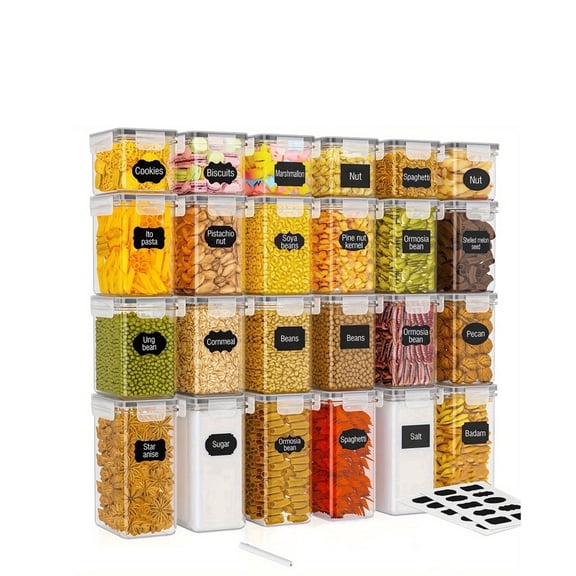 YHIPL 24 PCS Airtight Food Storage Containers with Lids, Kitchen Storage Container for Cereal, Dry Food, Flour and Sugar, BPA-Free, Includes 24 Labels