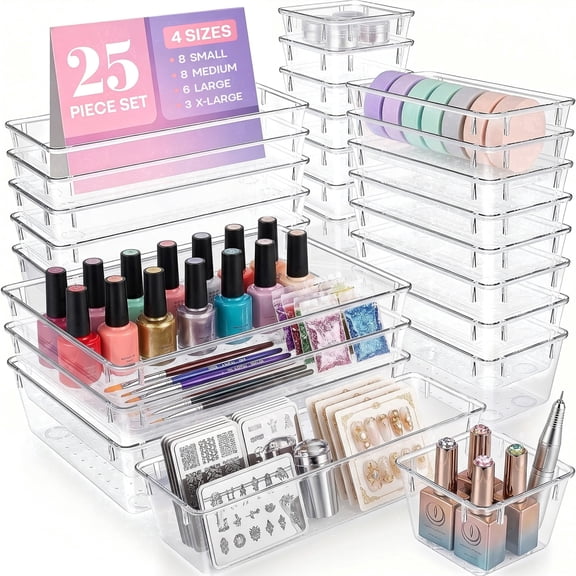 YHIPL 25 Pcs Plastic Drawer Organizers Set, Desk and Makeup Trays, Organizer Tray for Office & Bedroom, Bathroom