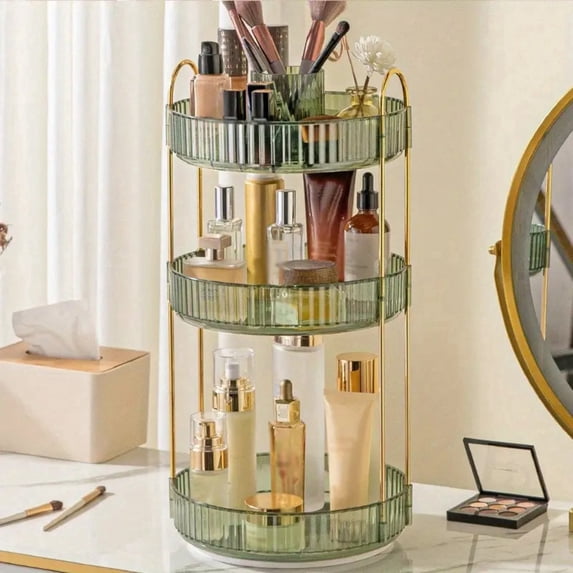 YHIPL 360° Rotating Makeup Organizer, 3-Tier Adjustable Clear Perfume Stand for Vanity (Green, 3 Tier)