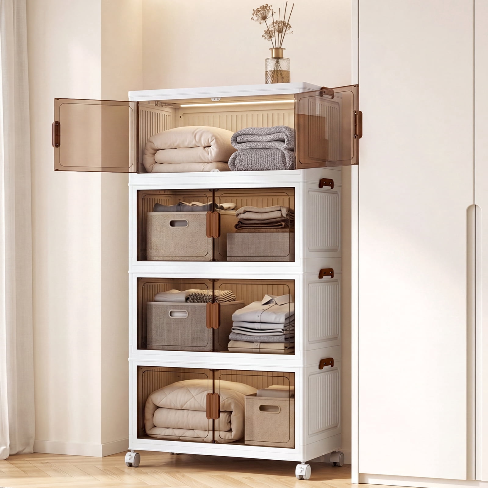 YHIPL 4 Tier Stackable Storage Bins Lids Magnetic Doors 55 QT Foldable Storage Cabinet Wheels Transparent Plastic Storages Drawers Bedrooms Living Ro: Reviewed for Real Life