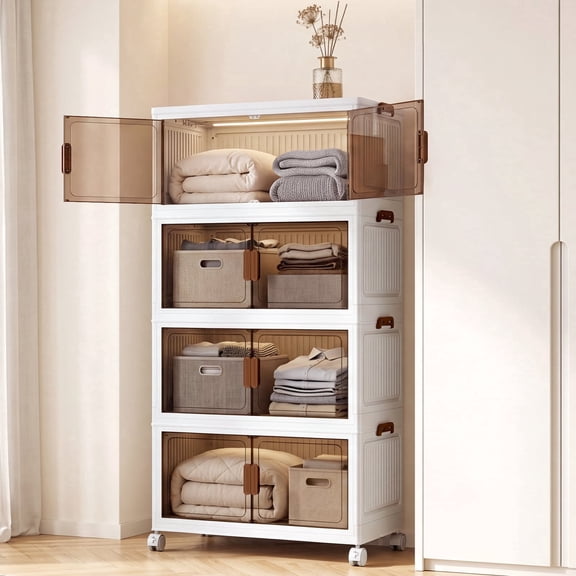 YHIPL Plastic Storage Cabinets 4-Tier Stackable, 55 QT Foldable Storage Unit with Wheels, Magnetic Doors & Transparent Drawers, for Bedroom, Living Room & Study