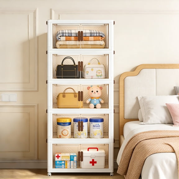 YHIPL 5 Tier Stackable Storage Bins with Lids & Magnetic Doors, 55 QT Foldable Storage Cabinet with Wheels, Transparent Plastic Storages Drawers for Bedrooms, Living Rooms, and Studies