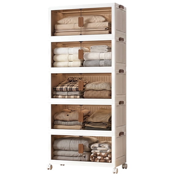 YHIPL Plastic Storage Cabinets 5-Tier Stackable, 86 QT Foldable Storage Unit with Wheels, Magnetic Doors & Transparent Drawers, for Bedroom, Living Room & Study