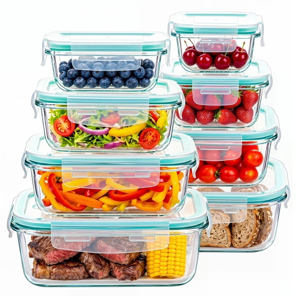YHIPL 8-Pack Glass Food Storage Containers Set with Snap Airtight Lids for Microwave, Oven, Freezer and Dishwasher Safe, Leak Proof Glass Lunch Boxes, Green