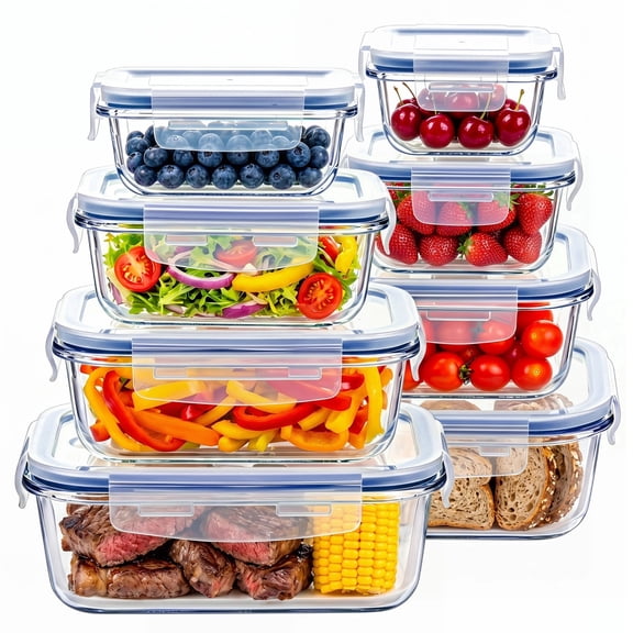 YHIPL 8-Pack Glass Storage Container Set with Snap Airtight Lids for Microwave, Freezer and Dishwasher Safe, Leak Proof Glass Lunch Boxes, Blue