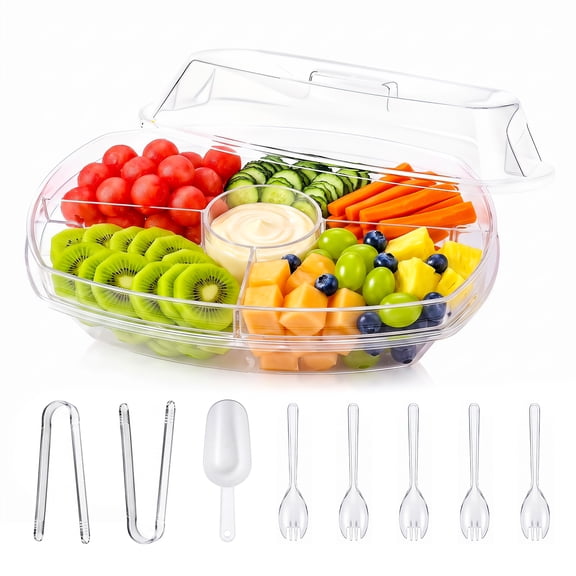 YHIPL 4-Compartment Chilled Serving Tray with Lid – Clear Party Platter for Cold Food, Buffet Server for Veggies & Appetizers