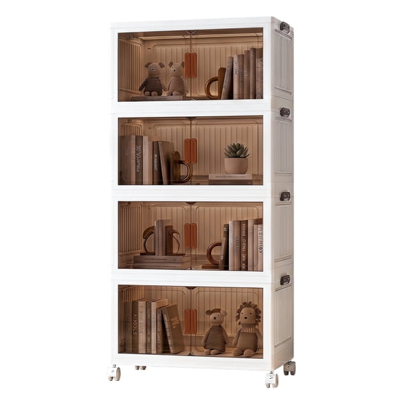 Living Room Library Unit YHIPL Plastic Storage Cabinets 4-Tier Stackable, 86 QT Foldable Storage ...