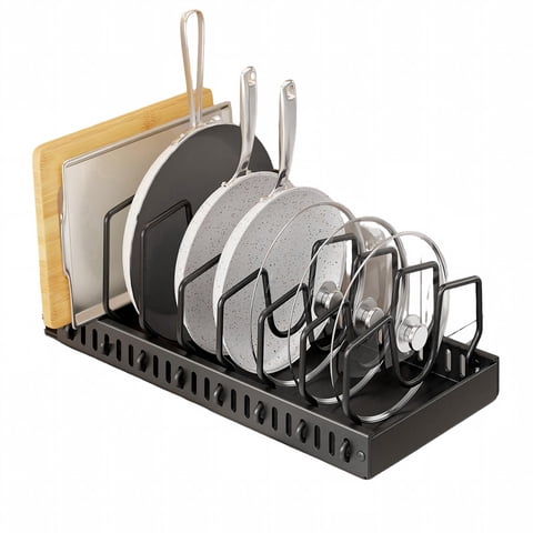 YHIPL Pull Out Pot and Pan Organizer with 8 Adjustable Dividers, Sturdy Pot Lid Holder & Pan Cabinet Organizers for Kitchen, Bakeware, Cutting Boards Storage