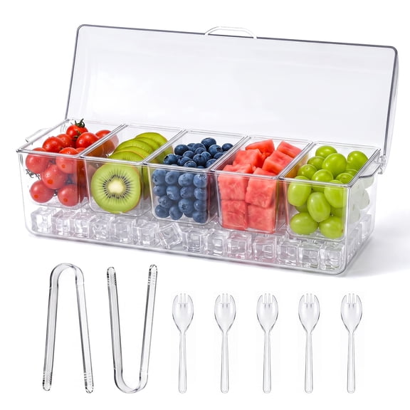 YHIPL Condiment Tray 5-Compartment, BPA-Free chilled serving tray with Lid, Perfect for Fruit Veggies Snacks at BBQ Picnic Travel