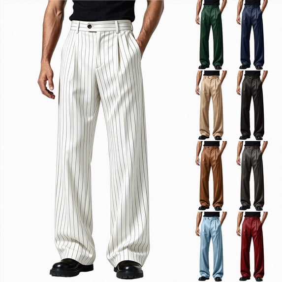 YHIWU Men's Pinstripe Wide Leg Dress Pants, Vintage Pleated Front ...