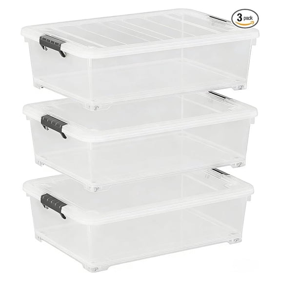 YHKJ 25-Quart Clear Plastic Under-Bed Storage Boxes with Wheels (3-Pack)