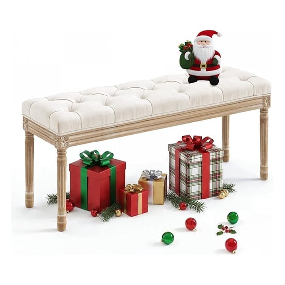 YHKJ 44" Bedroom Fabric Ottoman Bench with Carved Wood Legs for End of Bed, Living Room, Beige