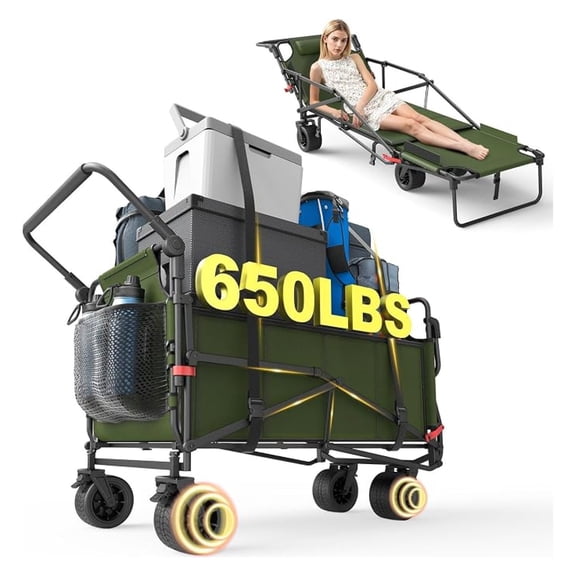 YHKJ Heavy Duty Folding Wagon 2-in-1 Collapsible Cart All-Wheels with Brakes Side Pockets Army Green 650lb Capacity