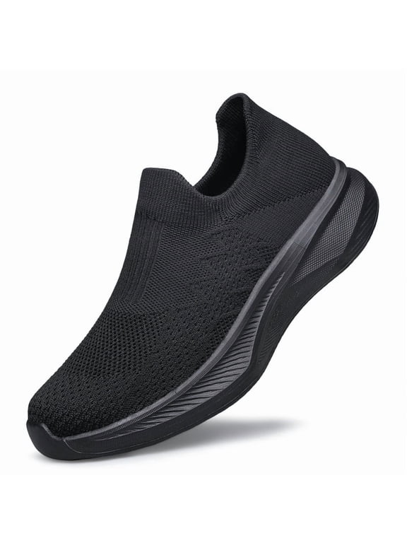 Mens Walking Shoes Slip on Lightweight Breathable Running Tennis Sneakers Athletic Gym Workout Training Shoes All Black Size 7
