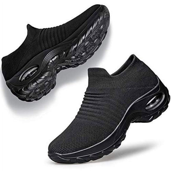 YHOON Women's Walking Shoes - Sock Sneakers Slip on Mesh Platform Air Cushion Athletic Shoes Work Nurse Comfortable Black 10