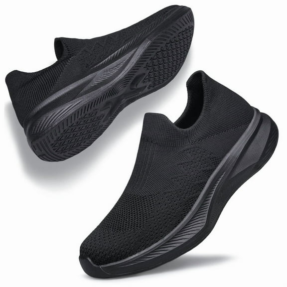 YHOON Women's Walking Sneakers Lightweight Breathable Slip on Tennis Shoes Casual Fashion Running Sneakers All Black Size 9.5