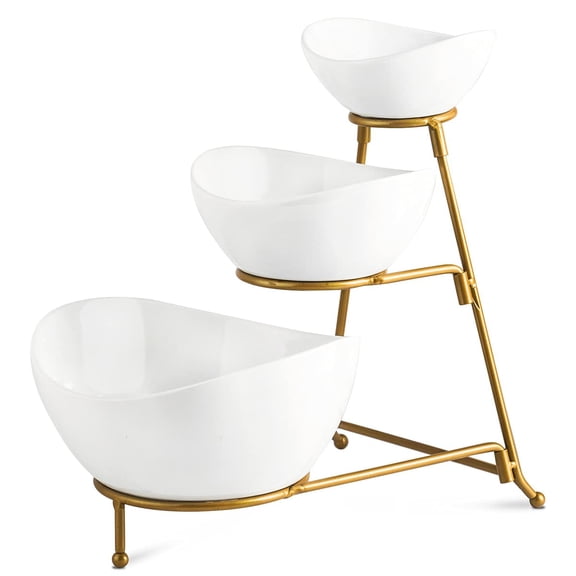 YHOSSEUN 3 Tier Serving Stand Oval Serving Bowl with Metal Rack, Tied Serving Bowls Food Display Dessert Appetizer, Chip and Dip Serving Bowl Set for Parties, Gold-45oz / 17.5oz / 7oz Y101