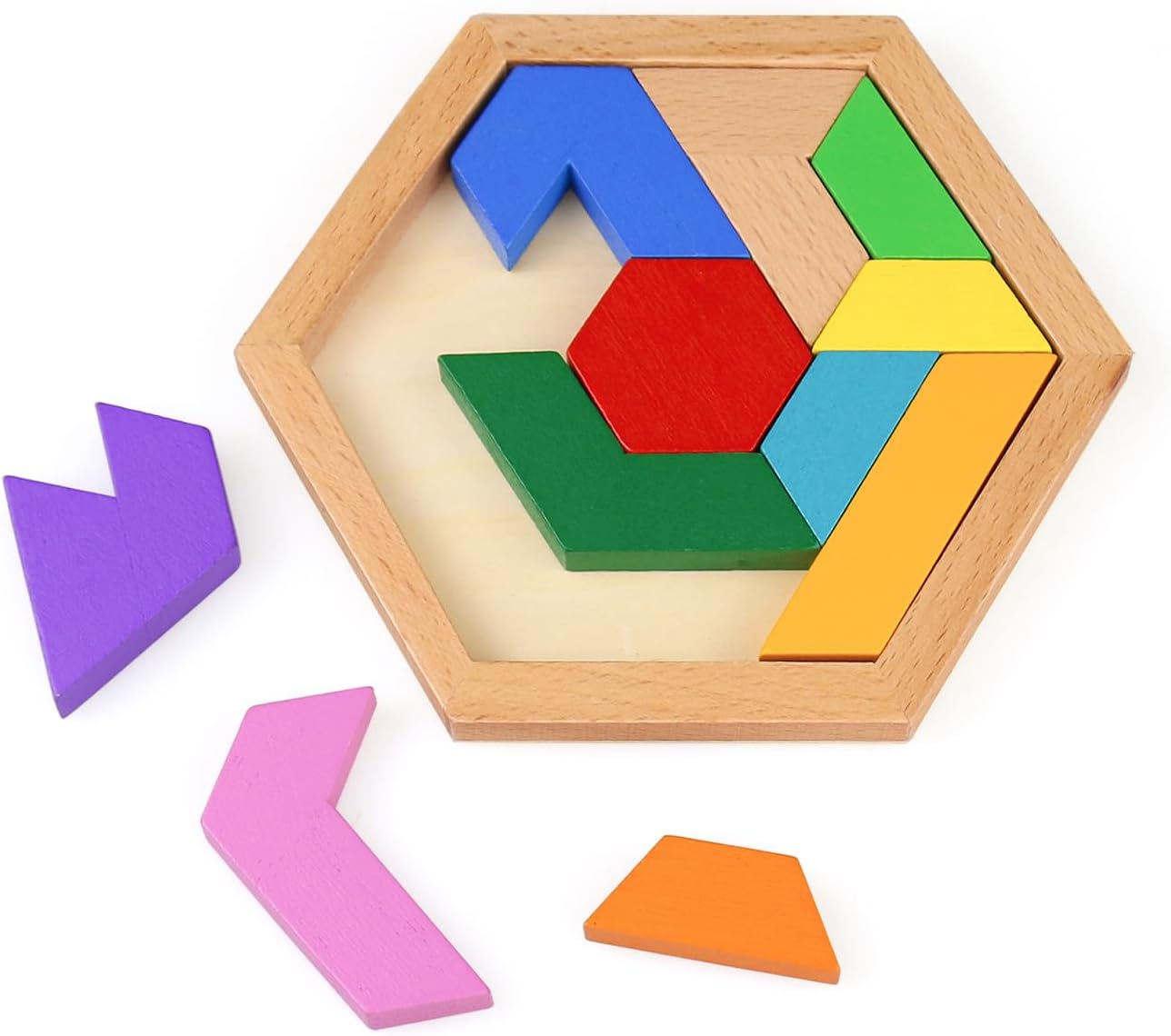 YHQQHY Wooden Hexagon Tangram Puzzle Shape Pattern Blocks Brain Teaser ...