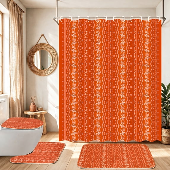 YHRUWN Boho Floral Shower Curtain Sets with Rugs, 16-Piece Farmhouse Terracotta Bathroom Sets with Hooks, Waterproof Fabric Bathroom Decor Set