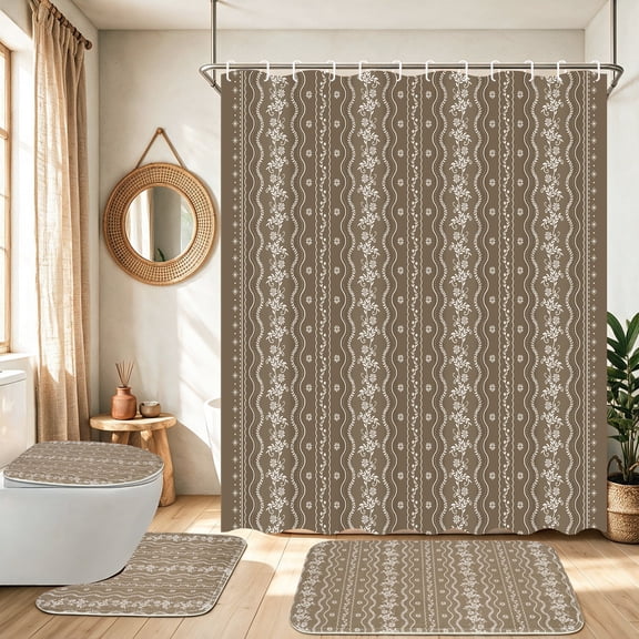 YHRUWN Boho Floral Shower Curtain Sets with Rugs, 16-Piece Vintage Brown Bathroom Sets with Hooks, Waterproof Fabric Bathroom Decor Set