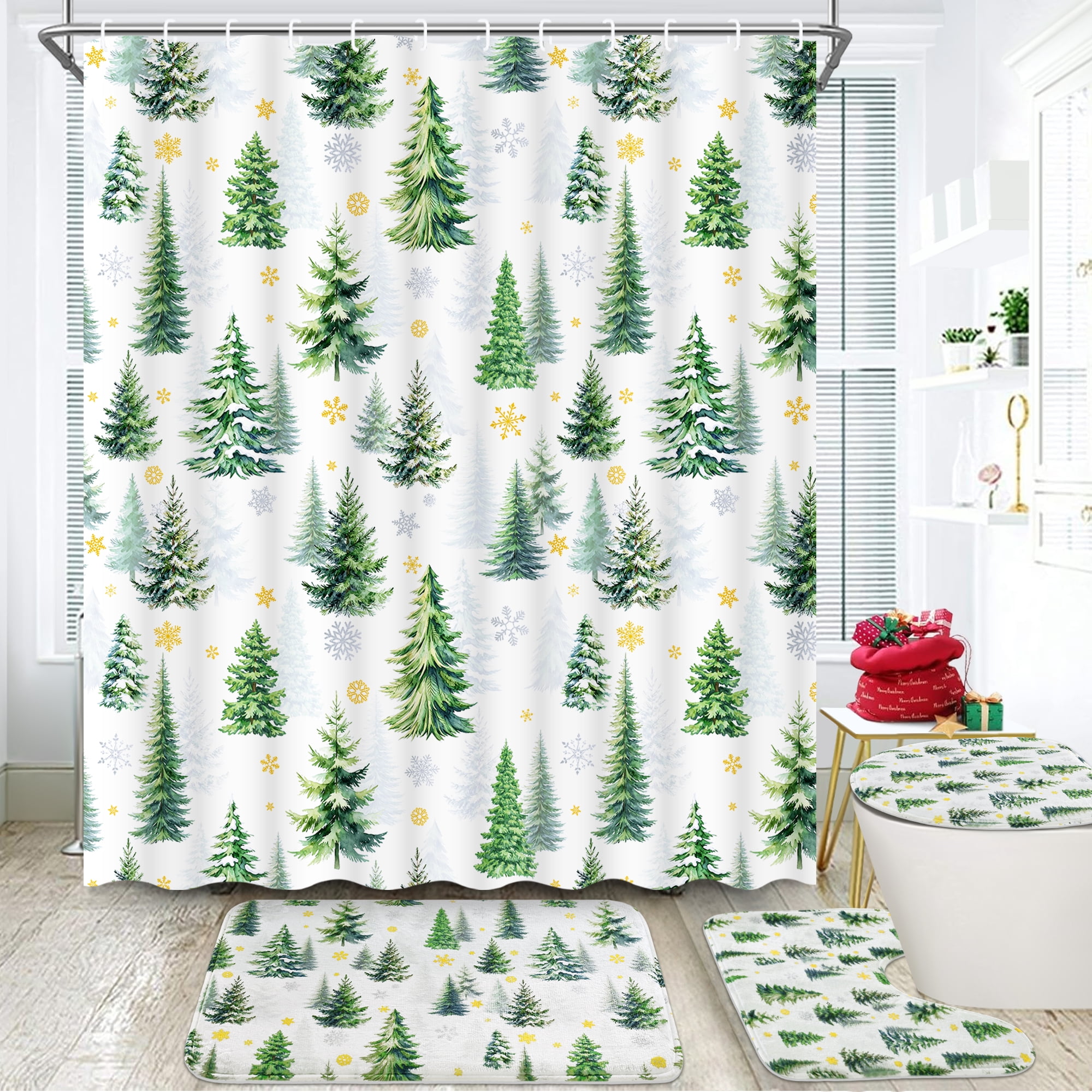 Christmas Tree Shower Curtain Sets with Rugs, 16-Piece Snowflake Winter