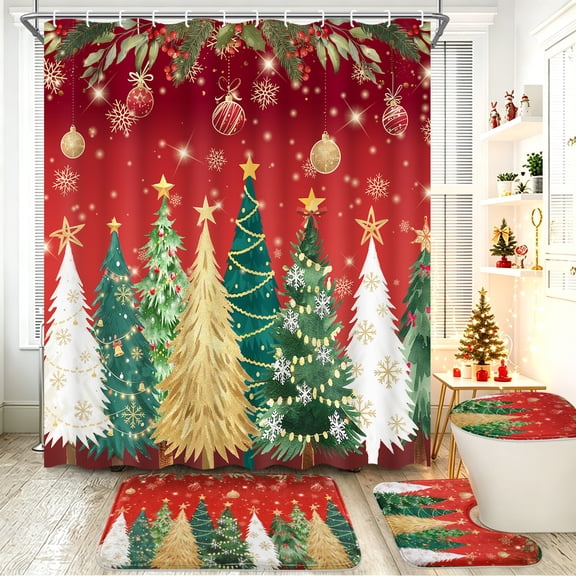 Christmas Tree Shower Curtain Sets with Rugs, 16-Piece Red Xmas Winter Bathroom Sets, Waterproof Fabric Bathroom Decor with Hooks