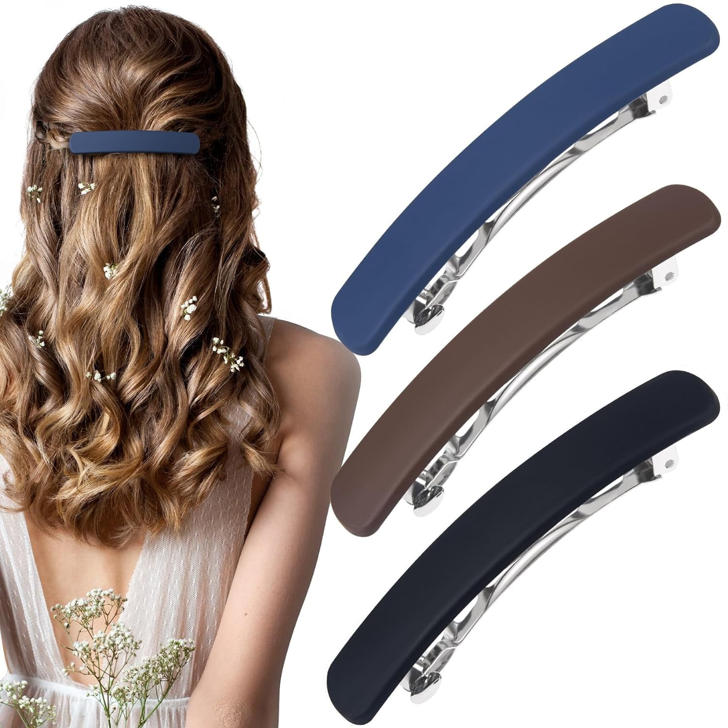 YHRY 3PCS Hair Barrettes for Women, Matte Medium French Clips for Girls Thin Fine Flat Short Hair Styling Vintage Hair Pins Accessories (Black Navy Brown)