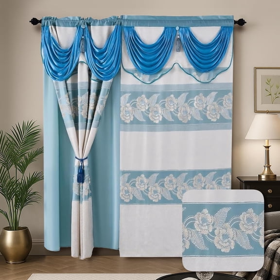YHSF Jacquard Window Curtains for Living Room and Bedrooms - 54" W x 84" L 2-Panel Set Fancy Curtains with Valance Attached & 2 Tassle Tie Backs - Fancy Living Room Curtain with Valance - Turquoise