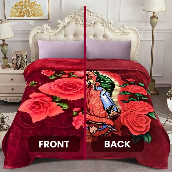 YHSF Korean Faux Mink Blanket 2 Ply Thick & Soft Reversible Printed Plush Winter Warm Silky Raschel Blanket Easy Care Fade Resistant Red Rose Virgin Mary Queen 5 LB 87 in x 75 in