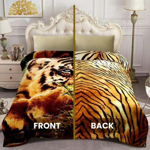 YHSF Korean Mink Blanket - 2 Ply Thick & Soft Reversible Printed Plush Throw - Warm Cozy & Comfy Korean Faux Mink Blanket - Easy Care, Fade-Proof, Tiger Design - Queen Size, 5 LB, 87 in x 75 in