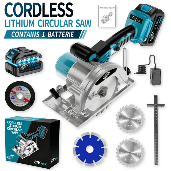 YHTOX 21V Max Cordless Circular Saw, Portable Lithium Handheld Power Saw with 1 Battery, Fast Charger, 4 Multi-Function Saw Blades & Guide Ruler, Adjustable Cutting Depth & Bevel for Wood, Tile, Meta