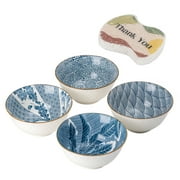 YHY 4-Piece Japanese Cyanotype Bowl Set with Dishwashing Sponge, 24OZ Ceramic Soup Bowls Salad Bowls Set of 4, Embossed Design 6.2-Inch Breakfast Bowl for Ramen