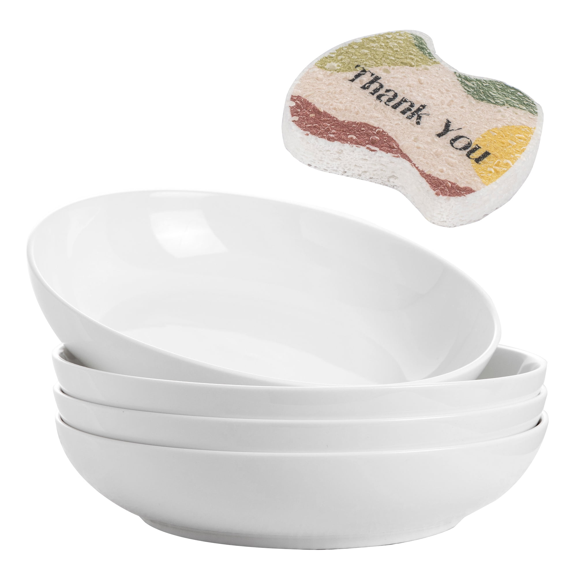 YHY 4Piece White Deep Pasta Bowl Set of 4 With Dishwashing Sponge,8.5