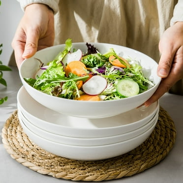 Dowan 4-Piece 30Oz White Deep Pasta Bowl Set of 4, 8.5in Porcelain Salad Bowls, Large Serving Bowls Set and Plates Sets, Free Sponge