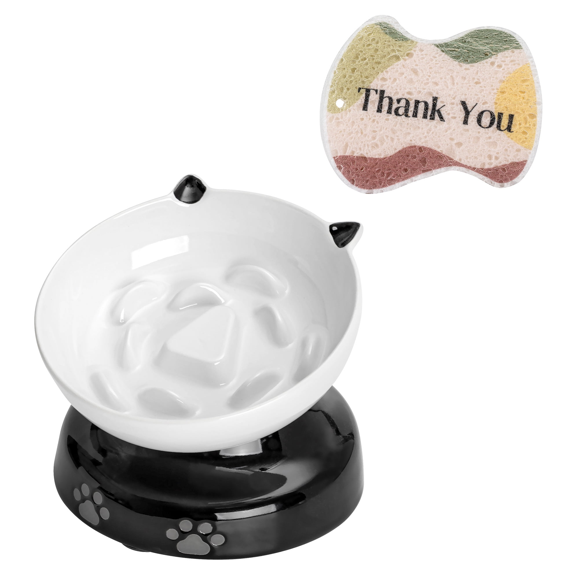 YHY 2.7in Ceramic Slow Cat Feeder Bowl, Elevated Cat &Small Dog Bowls, Raised Tilting Pet Bowl