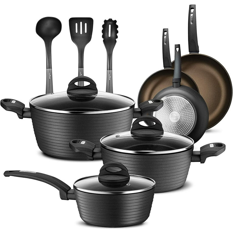 Nutrichef Kitchenware Pots & Pans Kitchen Cookware Stylish Metallic Ridge-Line Pattern, Non-Stick (12-Piece Set), One size, Gray