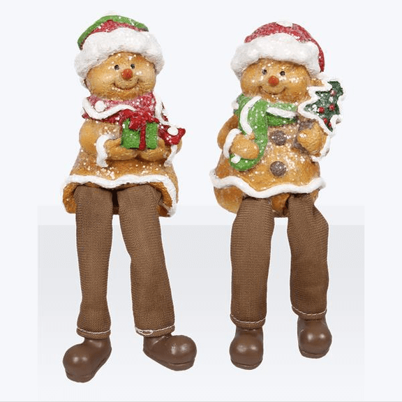 YI Christmas Decor - Gingerbread Snowman Dangle Legs Sitter Figurines 2pc