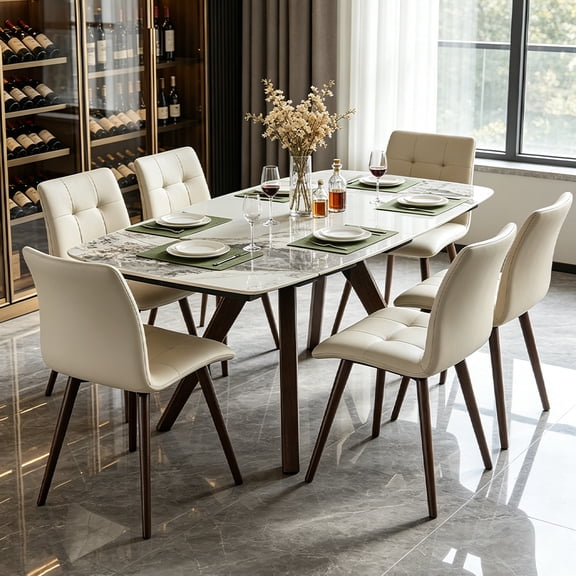 YI FENG LAI Dining Table, Retractable Sintered Stone Table, 55-79", Beige White, Seats 6-8, Heat & Scratch Resistant, Solid Wood & Metal Base