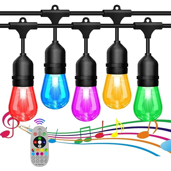 YI Lighting - 48ft Outdoor String Lights with 15pcs S14 RGBW Music-Synced Color Changing Bulbs Remote Control for Patio Yard Garden Party