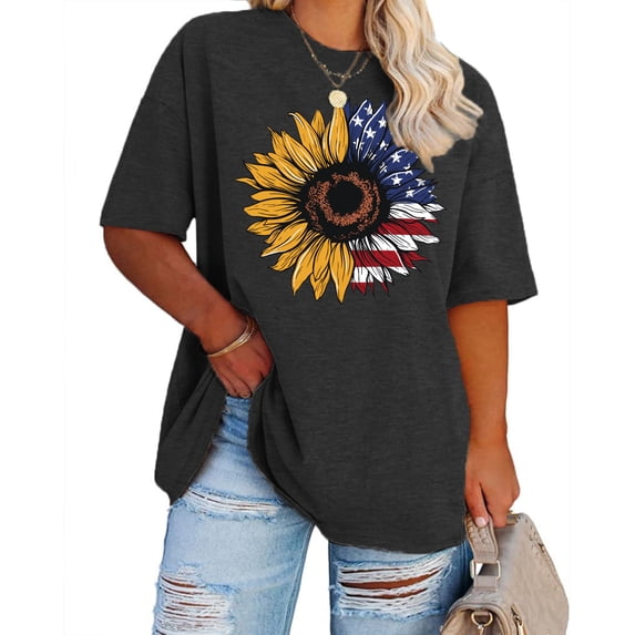 YI XIANG RAN 4th of July Shirts for Women Plus Size Usa Flag Flower T-shirt Patriotic Tops Summer Loose Short Sleeve Tees XL-4XL
