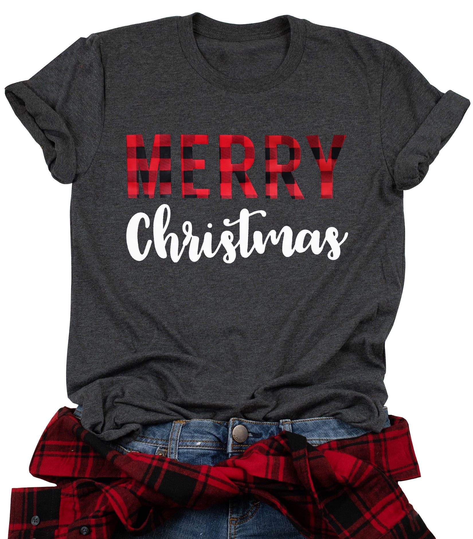 YI XIANG RAN Merry Christmas T-Shirts for Women Buffalo Plaid Print ...
