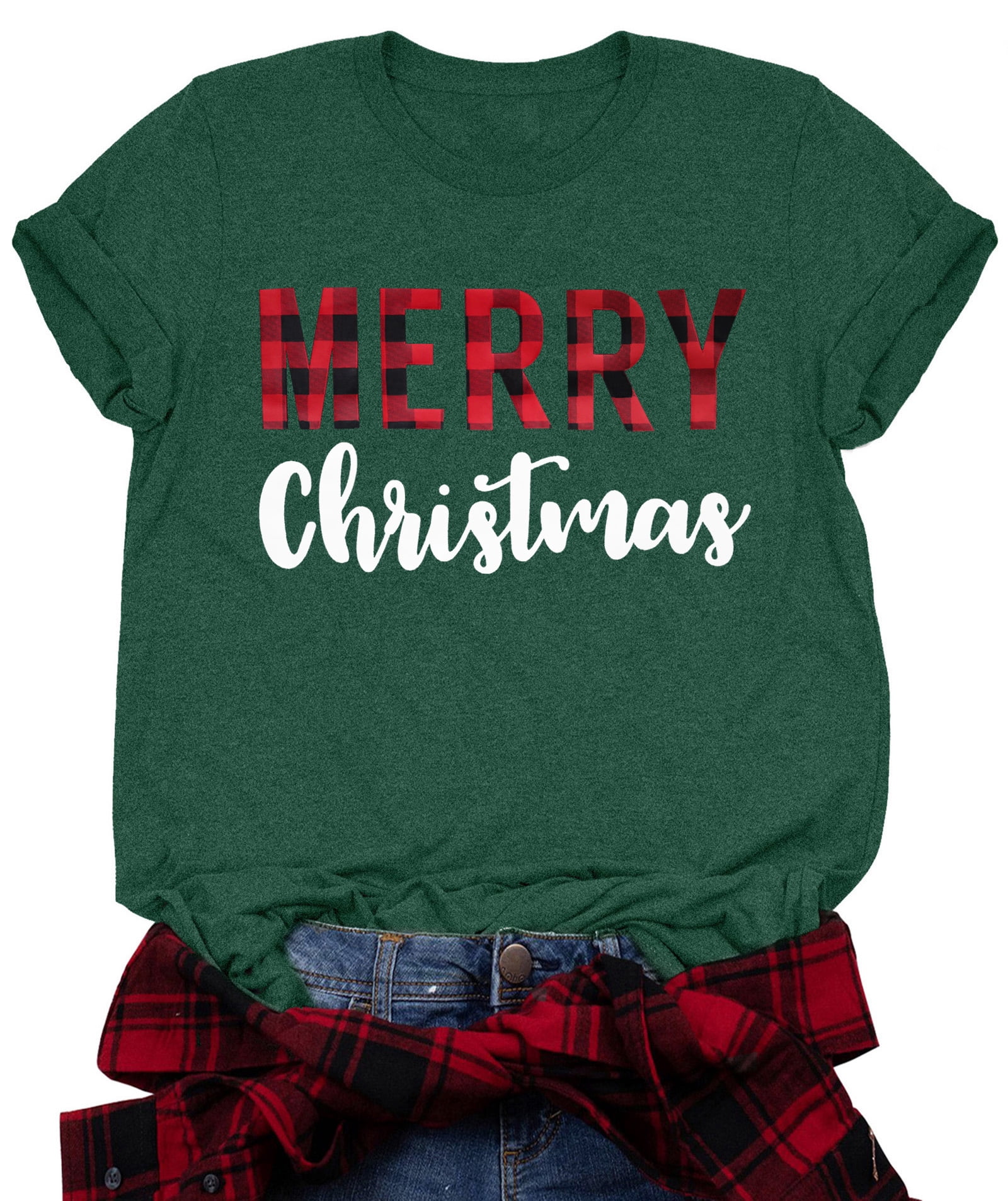 Merry Christmas Shirts For Women - Cute Leopard Plaid Tree Graphic Holiday T-Shirt | Christmas Gift Top