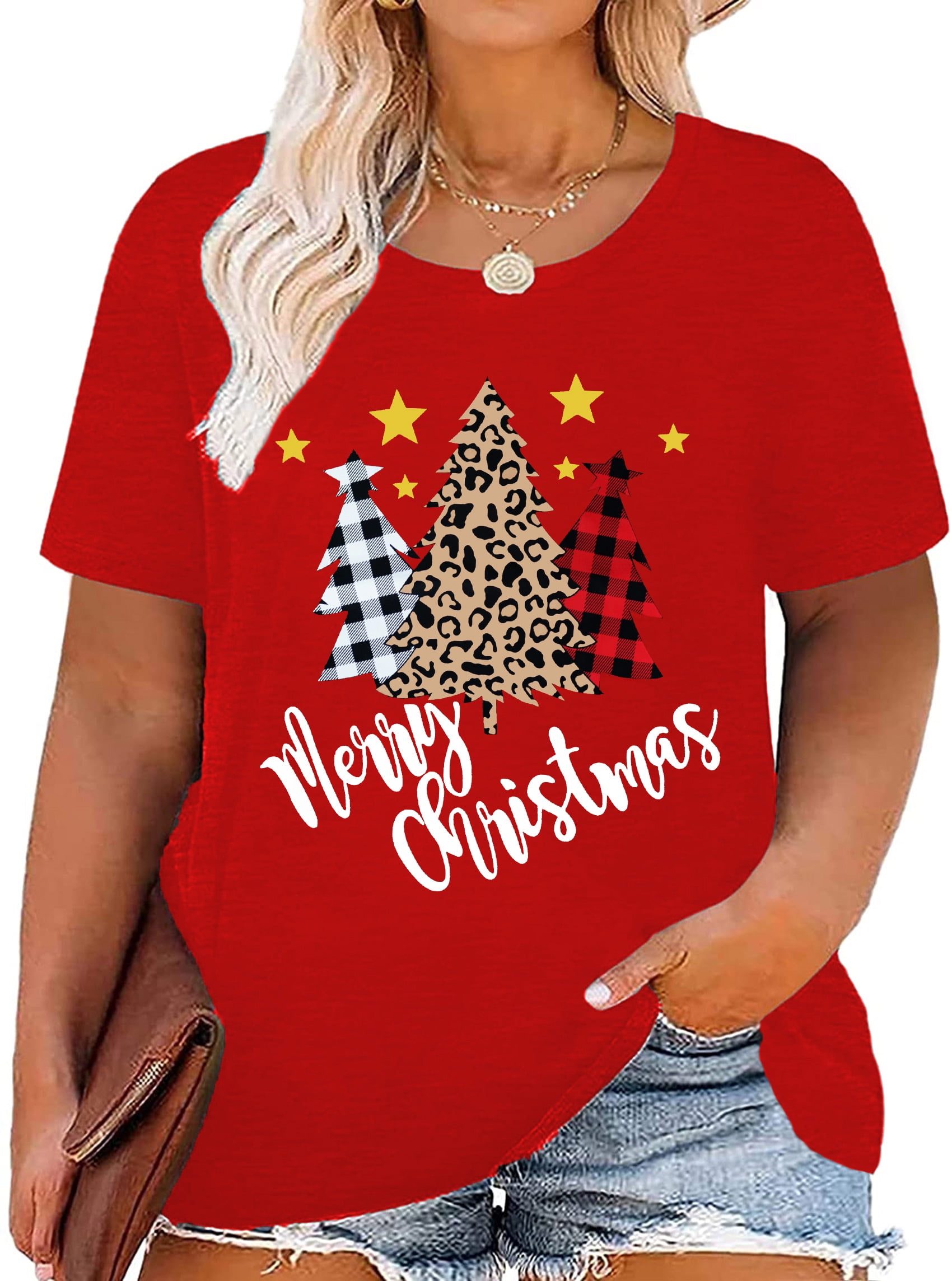 YI XIANG RAN PlusSize Christmas Shirts Women Merry Christmas Leopard Plus Size Christmas Shirts