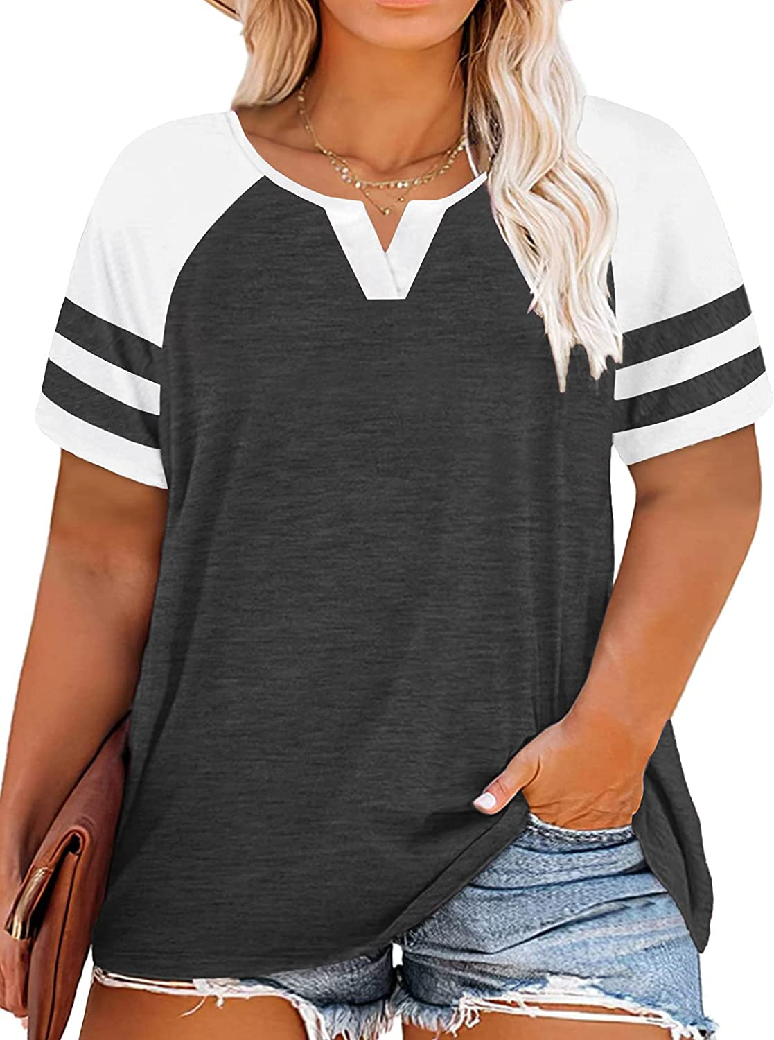 T-Shirt Femme Col V Manches Longues – Coupe Color Block Décontractée – Tunique Basique En Coton Pour Automne – Taille Grande Disponible