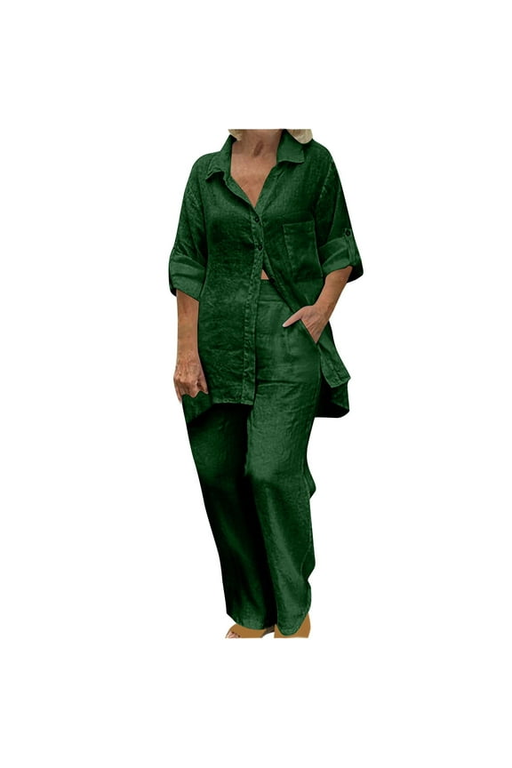 2 Piece Cotton Linen Outfits for Women Summer Dressy Business Work Suits Streetwear Button Down Tops and Pants Suit S Army Green
