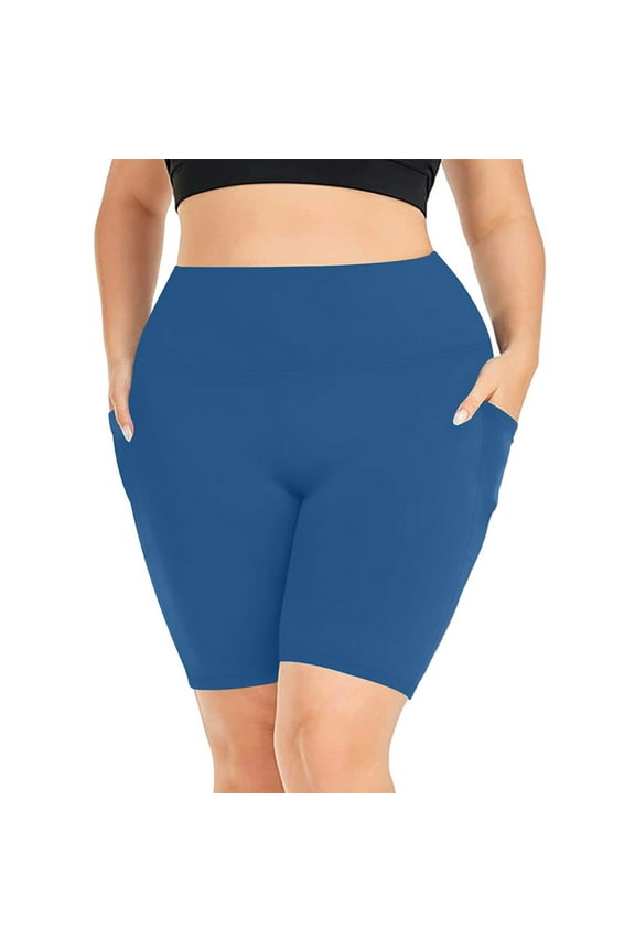 Biker Shorts for Women Tummy Control Plus Size with Pockets, Workout High Waist Gym Yoga Shorts Stretchy Curvy XL Blue