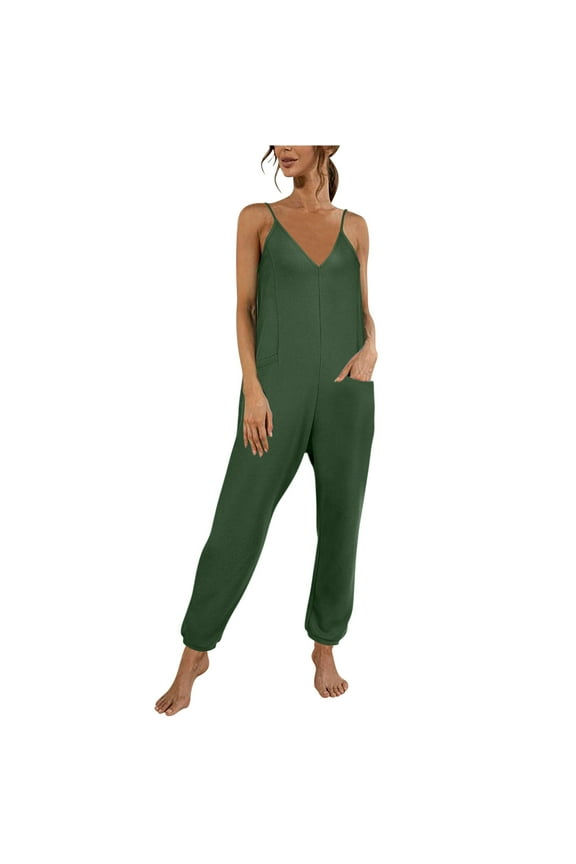 Jumpsuits for Women Casual Summer Rompers Sleeveless Loose Spaghetti Strap Overalls Jumpers with Pockets 2024 M Green