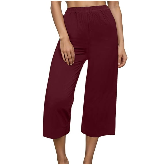 YI YI Linen Capri Pants Women Summer Beach Pants Casual Pants Straight Leg Capri Pants Elastic Waist Breathable Pants with Podkets L Wine