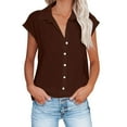 thumbnail image 1 of YI YI Linen Cotton Womens Short Sleeve Shirts V Neck Collared Button Down Blouse Tops XL Brown, 1 of 6